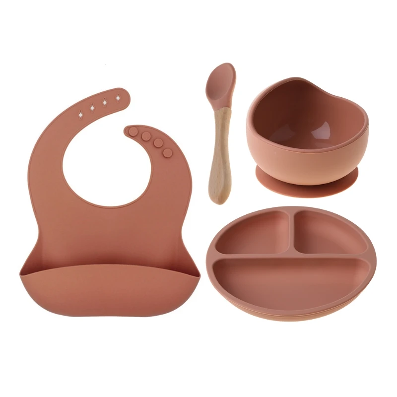4 unids/set libre de BPA silicona bebé vajilla babero impermeable de Color sólido cena plato hondo con ventosa y cuchara para niños