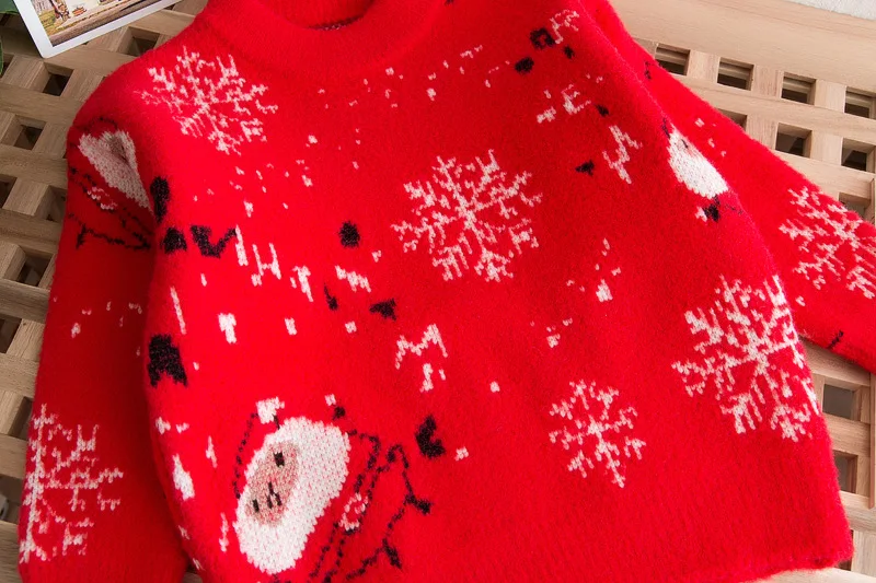 Зимний утепленный свитер для мальчиков и девочек, Рождественский Красный жаккардовый детский пуловер унисекс с круглым вырезом