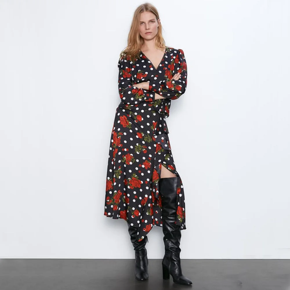 ZA в осень новая красная юбка с принтом богемная модная женская одежда плиссированная тонкая юбка вечерние путешествия