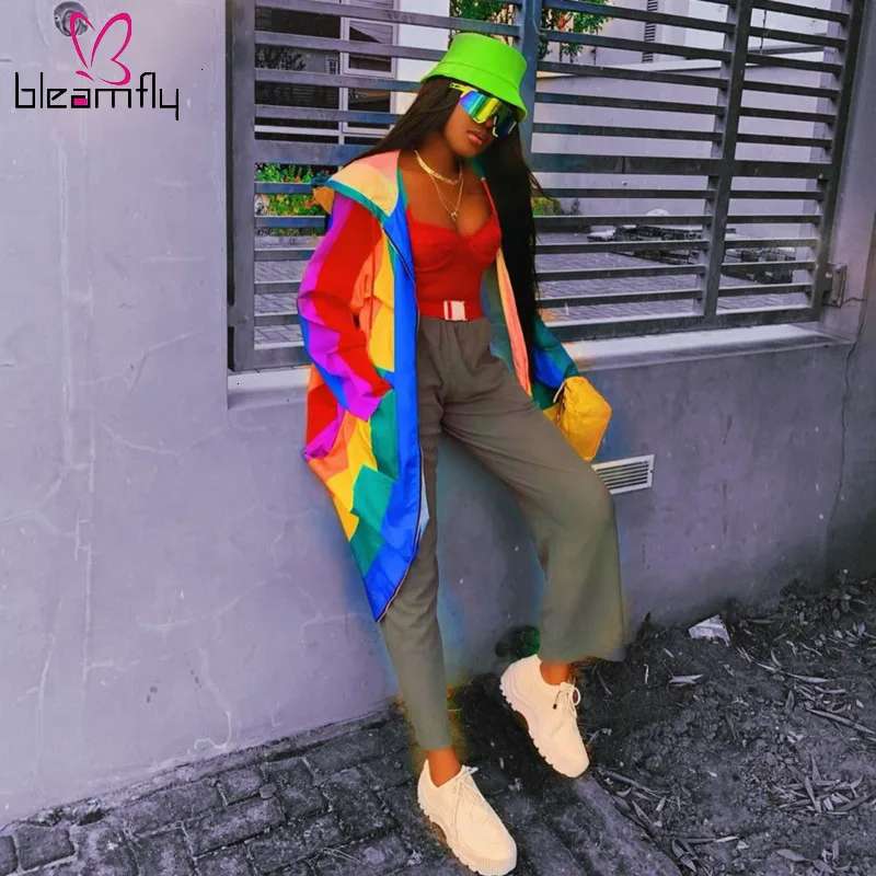 

Rainbow Striped Hooded Autumn Jacket Women Long Sleeve Pockets Plus Size X-Long Coat Streetwear Harajuku Slim Plus Size Jackets