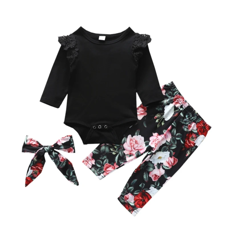 

Baby Girl Children Clothing Autumn Infant Suit Cotton Long-sleeve Romper Flower Trousers Headband Set Costume Clothing Outfits