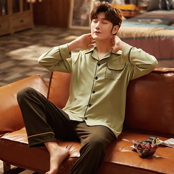 

Men Pyjama Set 100% Cotton Spring Long Sleeve Print Men Pajama Suit Autumn Nightwear Collar Pijama Male Sleepwear Two Piece XXXL