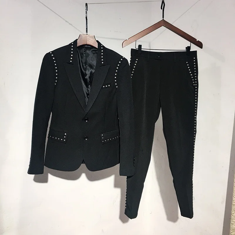 Trajes De Hombre British Style Slim Suit Two-piece Suit Nightclub Rivet Coat Smoking Homme Mariage Fashion Korea Male