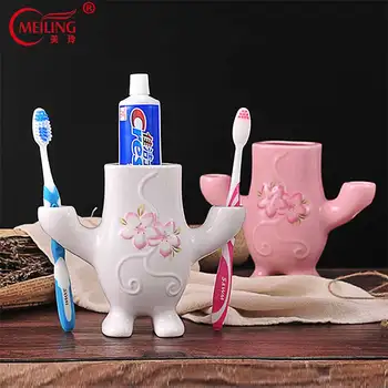 

Ceramic Cherry Toothbrush and Toothpaste Holder Dispenser Body-shape White Pink Home Decor Bar Hotel Bathroom Toilet Accessories