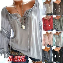 High quality large size loose women blouses 2021 summer blouses lace top fashion casual V-neck long sleeve women shirts