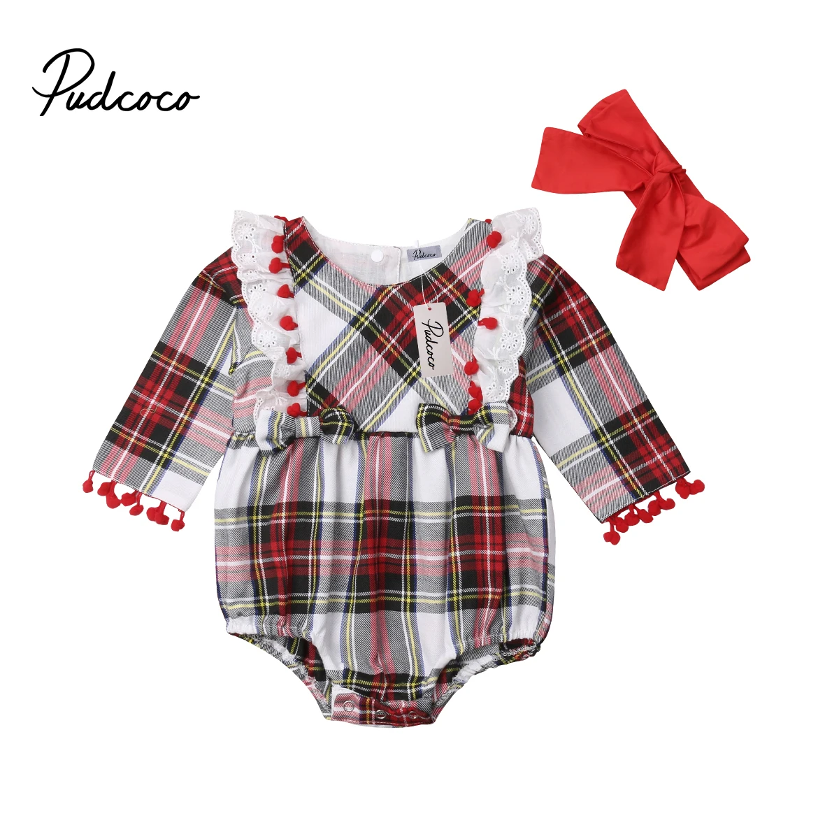 

New Infant Baby Girl Long Sleeve Lace Plaid Romper Headband Jumpsuit Outfit Clothes 2 Pcs