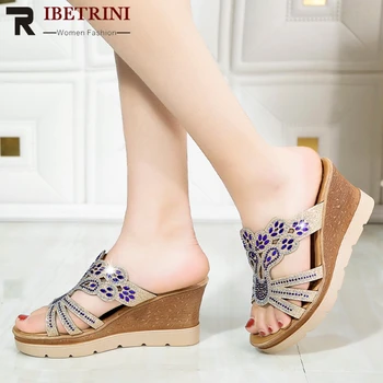 

RIBETRINI New Arrival Trendy High Wedges Shoes Women Elegant Metallic Slippers 2020 Summer Casual Platform Slides