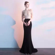 Сверкающая Русалка отделка бисером Выпускные платья с рукавами спандекс черные вечерние платья Abendkleider Холтер Формальное вечернее платье