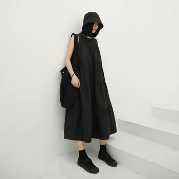

Korea Women Black Pleated Split Temperament Cake Dress New Round Neck Sleeveless Loose Fit Fashion Spring Autumn 2020 1N599