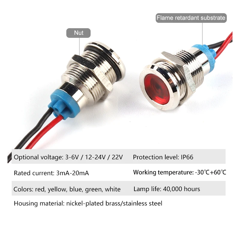 8mm LED Waterproof Metal Indicator Light Signal Lamp With Wire 3V 6V 12V 24V 110V 220V Red/Yellow/Blue/ Green/White