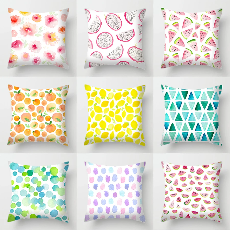 

Single-sided Printing Polyester Cushion Cover Fruits Orange Watermelon Flower Green Geometry Decorative Pillow Case for Car Sofa