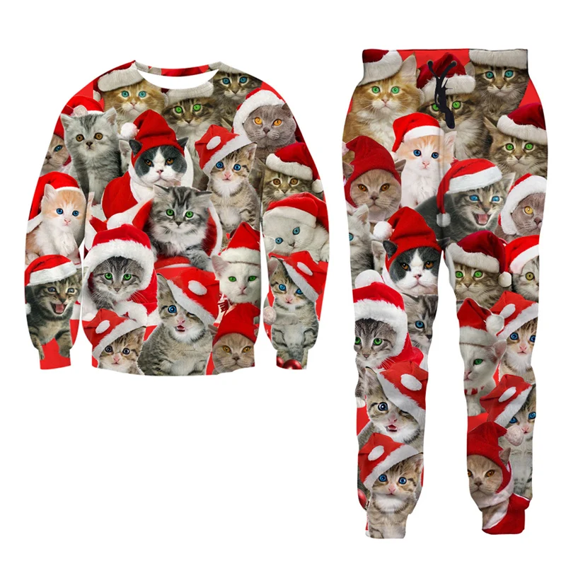 Мужские толстовки с 3D принтом кошки на Рождество, спортивные штаны, комплект из двух предметов, Повседневная Уличная Толстовка в стиле хип-хоп, спортивный костюм унисекс, топы с капюшоном