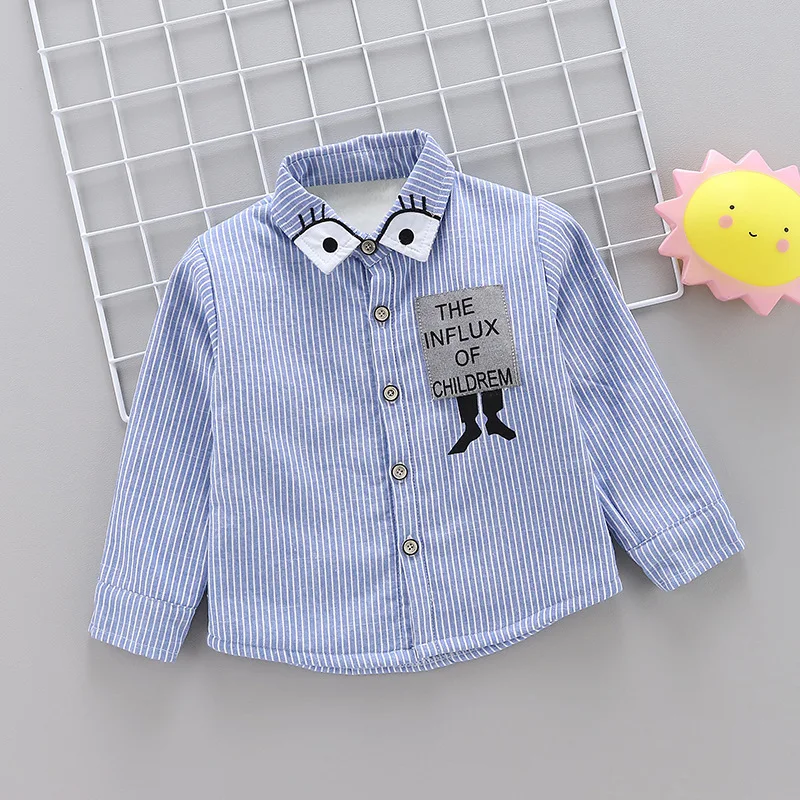 

2019 Korean-style Fashion New Style BOY'S Winter New Style Brushed And Thick Cartoon Print Shirt Coat Child Long-sleeved Upper G