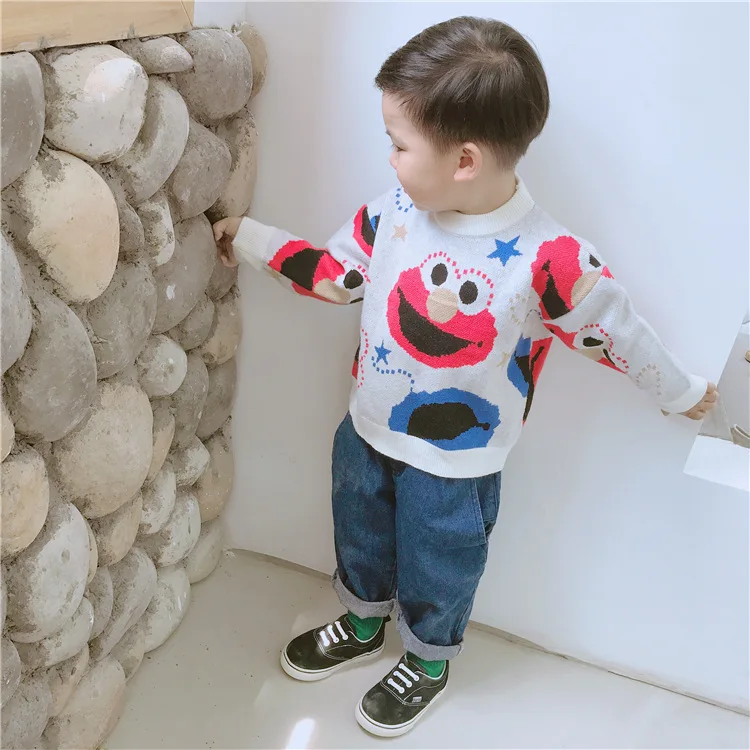 

2019 Childrenswear New Style Korean-style Sesame Street Crew Neck Cute Cartoon Knitted Pure Cotton Sweater