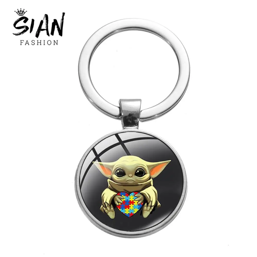 

SIAN Adorable Baby Yoda Autism Jigsaw Shape Keychain The Mandalorian Lovely Movie Poster Glass Key Ring Kids Toy Cartoon Jewelry