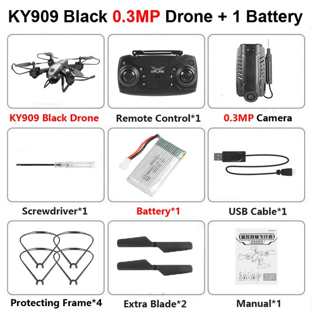 KY909 4K HD камера Дрон FPV Wi-Fi оптическое позиционирование потока RC Квадрокоптер Дрон высота удерживает длительный срок службы батареи дети летают игрушки - Цвет: Black 0.3mp 1B