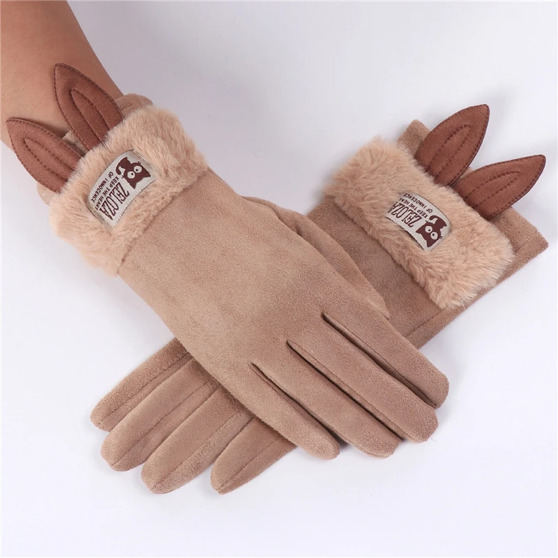 Touch screen gloves ladies winter warm suede leather mittens lovely rabbit cat ears plus velvet thickening driving gloves D33