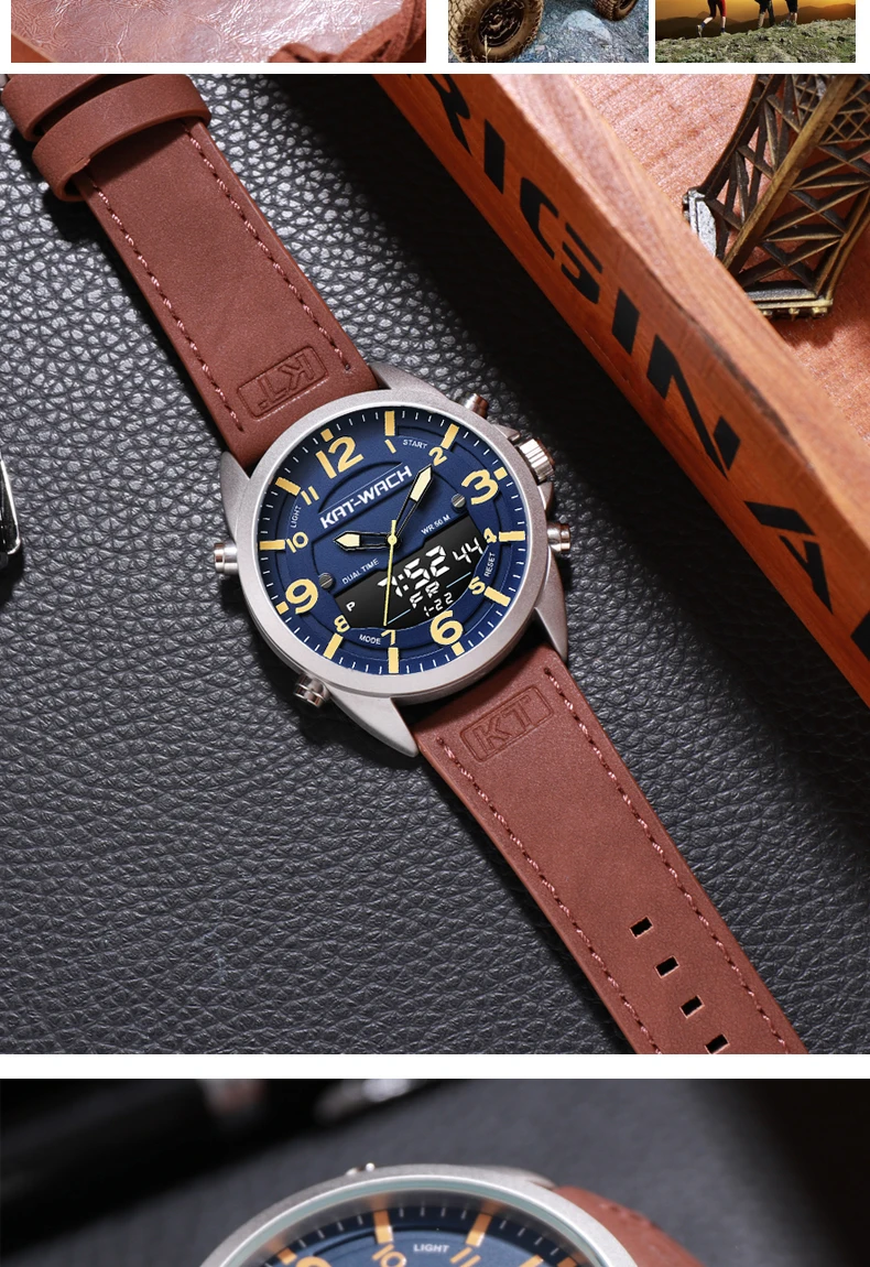 KT Роскошные мужские часы Топ бренд кожаные часы Мужские кварцевые аналоговые цифровые водонепроницаемые наручные часы большие часы Klok KT1818