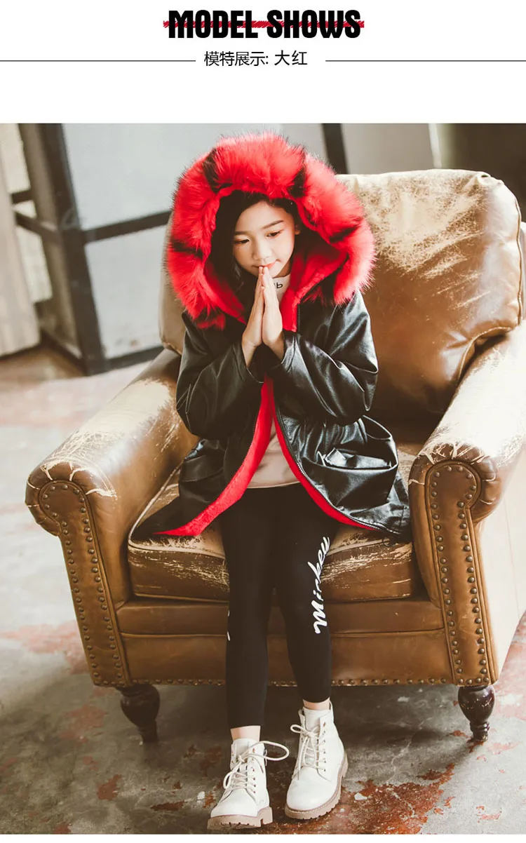 Girl hooded fur Genuine Leather Coat Jacket thick outerwear High Quality Plush+leather warm jacket Winter Kids Clothes Warm Fur