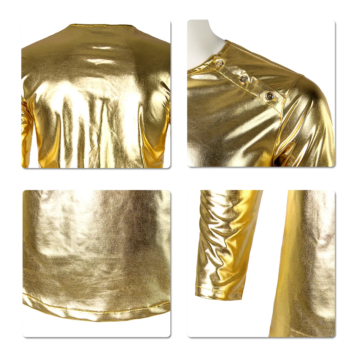 Мужской золотой Футболка Модные раза предназначен футболки плечи с металлической кнопкой Повседневное Slim Fit Для мужчин's футболка с длинными рукавами