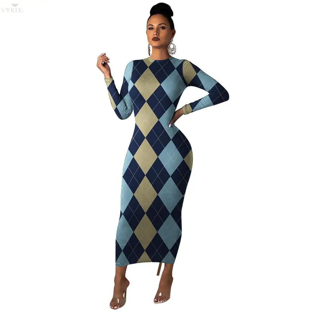 Women Dress Long Sleeve O-neck Plaid Dress Print Sexy Dress Elegant Sheath Geometric Long Dress Elegant Women Party Dress