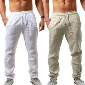 

Cotton Linen Pants Men Trousers Linho Verao Calcas Dos Homens Com Cordao Elastic Pockets Drawstring Pants Men pantalon homme