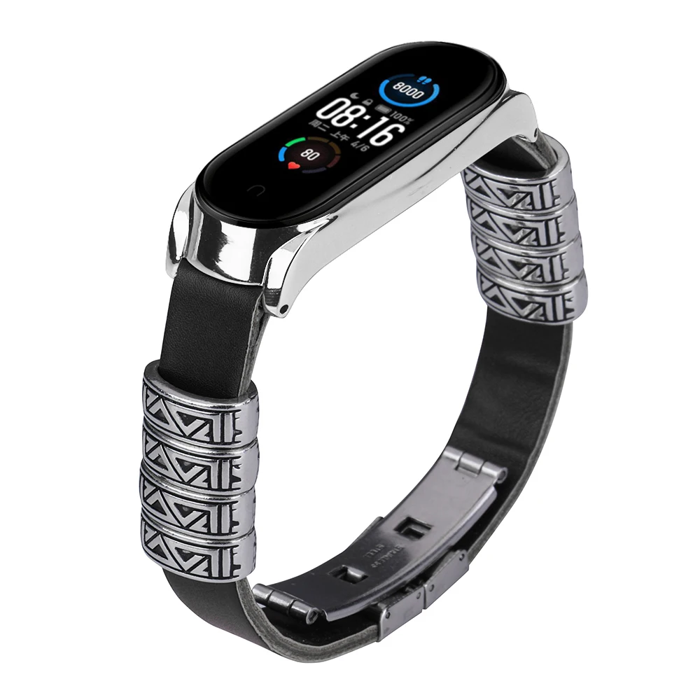 Ремешок в стиле ретро для наручных часов Mi Band 5 кожаный сменный Браслет с бусинами Xiaomi 5|Смарт-аксессуары| |
