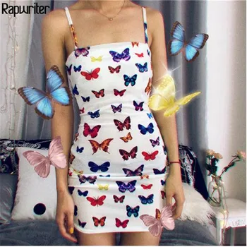 

Women Sexy Sleeveless Dresses Animals Butterfly Printed Sling Beach Holiday Sundress Bodycon Mini Pencil Dress Short Vestidos