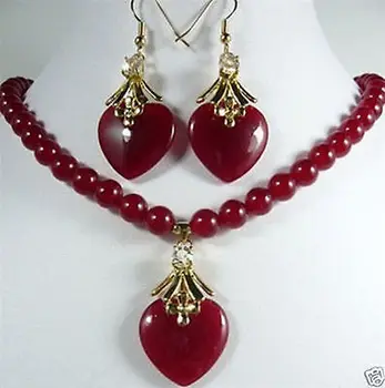 

8mm red necklace 17 "& heart love earrings pendant set>>18K GP Plated gold Bridal wide watch wings queen JEWE (A0503)