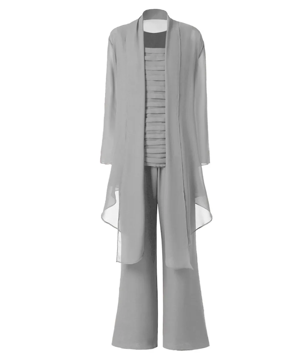 SOLOVEDRESS женский костюм из 3 предметов, шифоновое платье для матери невесты, брючный костюм с рукавами, куртка, широкий брючный костюм, SL-M13