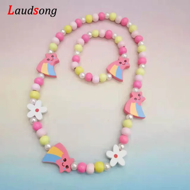 Cartoon Colorful Wooden Unicorn Flower Animal Child Sweater Necklace Bracelet Girl's Gifts Children's Jewelry Kids Toys 2pc 2