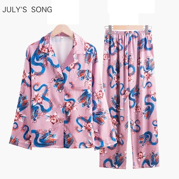 

JULY'S SONG 2 Pieces Pajamas Set Women Autumn Spring Faux Silk Dragon Flower Printing Long-sleeved Trousers Sleepwear Suit