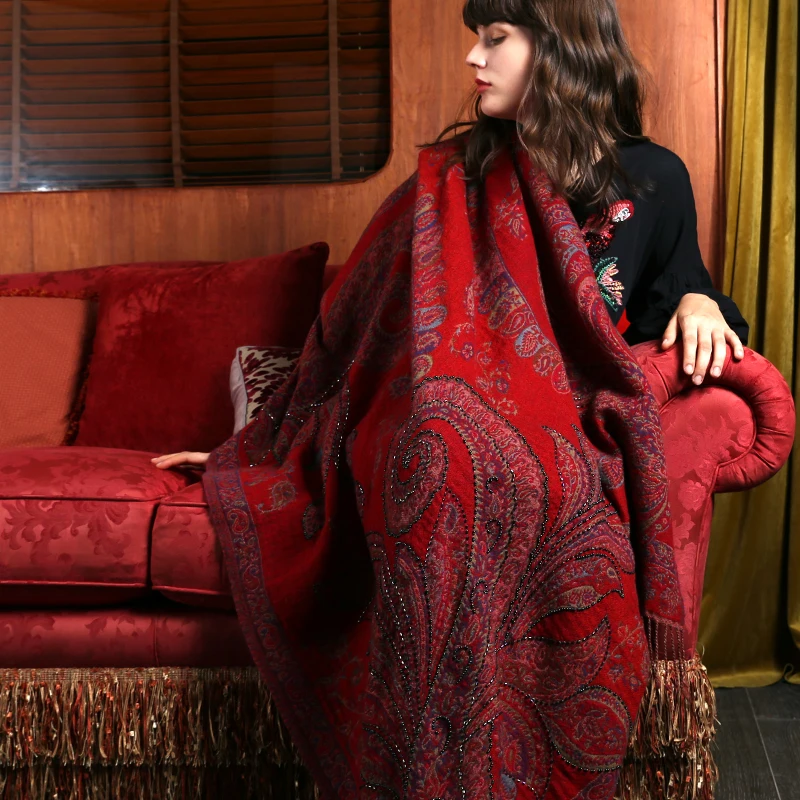 Женский шарф из искусственного кашемира большого размера, мягкий теплый шарф ручной работы из пашмины с бусинами, осенне-зимние толстые шали Mujer Bufanda