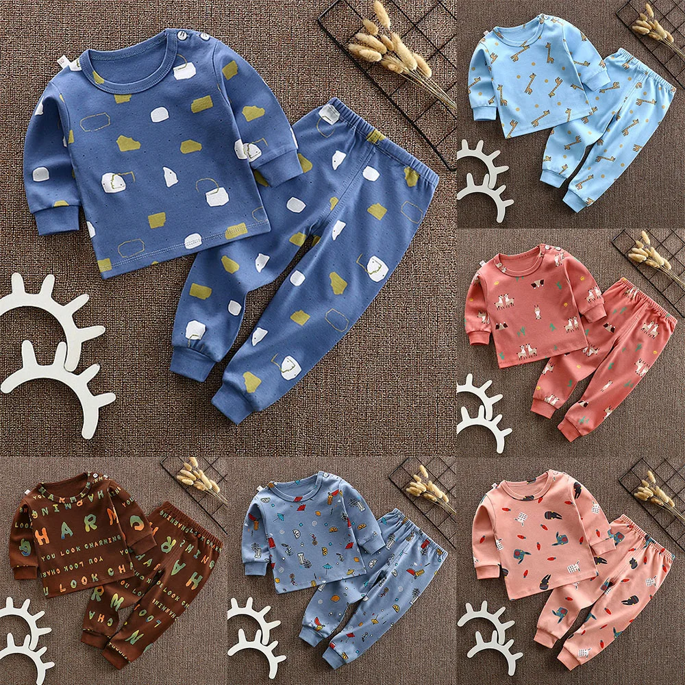 Oeak/футболка с младенцем; брючный костюм; детская одежда для сна с рисунком; блузка; штаны; Одежда для мальчиков и девочек; комплект одежды из хлопка для новорожденных
