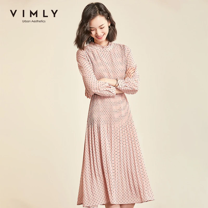 Vimly Polka Dot Women Dress Vintage O-neck Long Sleeve Pleated High Waist Blet Long Dresses Elegant Vestidos Female 98813 Vimly Polka Dot Women Dress Vintage O-neck Long Sleeve Pleated High Waist Blet Long Dresses Elegant Vestidos Female 98813