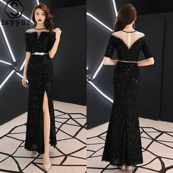 

Skyyue Evening Dresses Boat Neck Half Sleeve Sequined Robe De Soiree Split Mermaid Plus Size Custom Color Women Party Dress E342