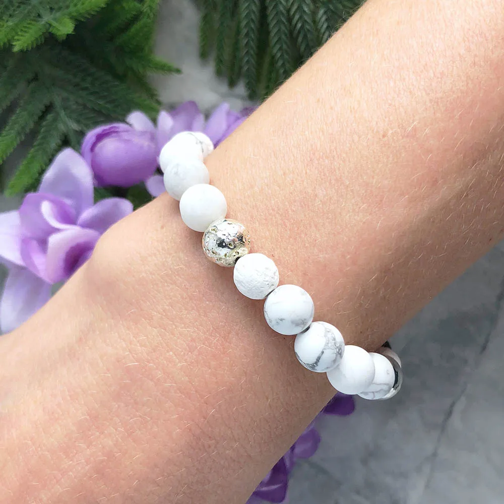 8 мм белый Howlite диффузор браслет эфирное масло тревога браслет ручной работы Серебряный Lava браслет из бисера