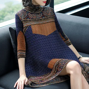

SuperAen Autumn New Fashion Women's Chinese-Style Turtleneck Printed Loose Plus-sized A- Line Three-Quarter Women Dress