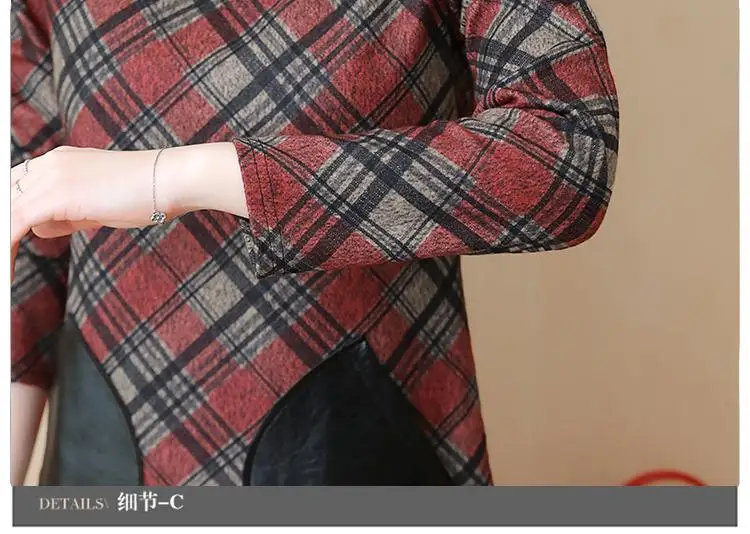 4XL 5XL осеннее Женское шерстяное платье большого размера зимнее клетчатое платье с принтом кожаный карман из искусственной кожи повседневное шерстяное платье с высоким воротом больших размеров