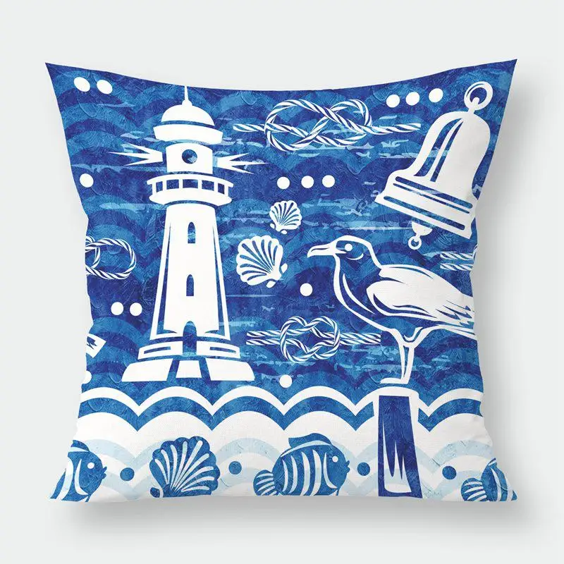 Sea Blue Compass Printed Cushion Cover Anchor Pattern Marine Ship Throw Pillow Case Decorative Pillowcase Cojines Almofadas - Цвет: 9