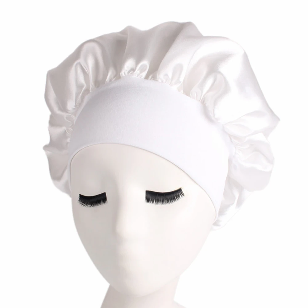 Новая мягкая шелковая женская ночная шапочка для душа, регулируемая Дамская длинная шапочка для ухода за волосами, головной убор, Мягкая атласная шляпа, аксессуары - Цвет: white 2