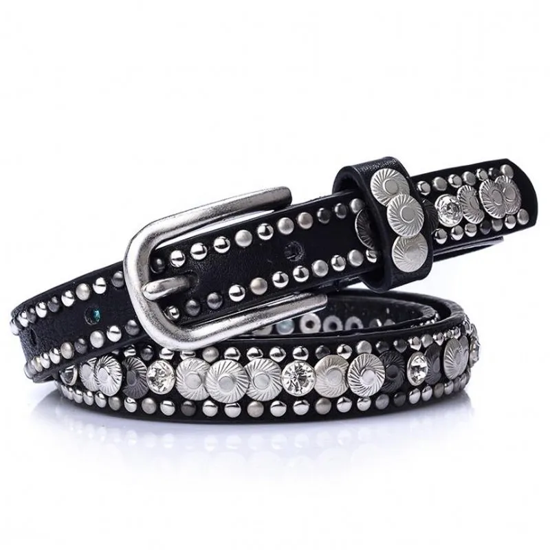 

2023 New Crytal Rivet Woman Belts Genuine Leather Cow Skin Strap Luxury Fashion Designer Brand Pin Metal Buckle Ladies Items