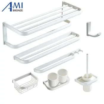 

FZ Series White Paint Thicker Bathroom Hardware Towel Shelf Towel Bar Paper Holder Cloth Hook Toothbrush Cup Holder 414W