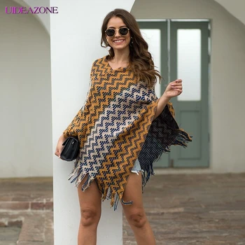 

UIDEAZONE Women Loose Sweater Cloak Fashion V Neck Batwing Sleeve Wave Tassel Sweater Female Pullovers Sweaters Casual Knit Coat