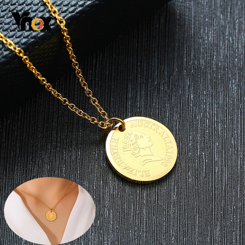 

Vnox Trendy Elizabeth Isle Of Women Statement Coin Necklace Golden Color Ten Cents Stainless Steel Collier Gift