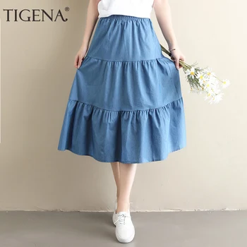 

TIGENA Vintage High Waist Denim Skirt Women Fashion 2020 Summer Korean Casual School A Line Midi Long Skirt Female Blue