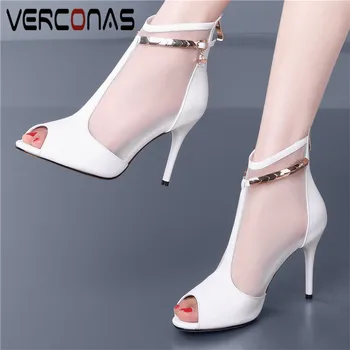 

VERCONAS Women Classic Design Thin Heels Genuine Leather Peep Toe Back Zipper Thick Heels Cool Boots Sandals Shoes Woman