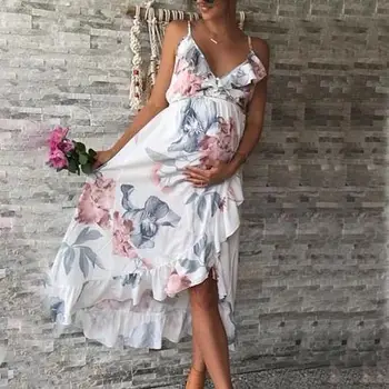 

Explosion models summer new ruffled ink sexy deep V-neck sling irregular print loose comfortable pregnant dress