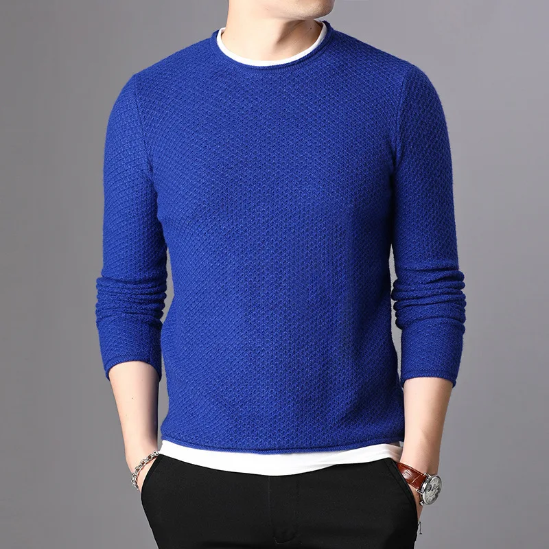Осень и зима мужской вязаный свитер модный Повседневный свитер с длинными рукавами Мужская брендовая одежда желтый синий черный - Цвет: Синий