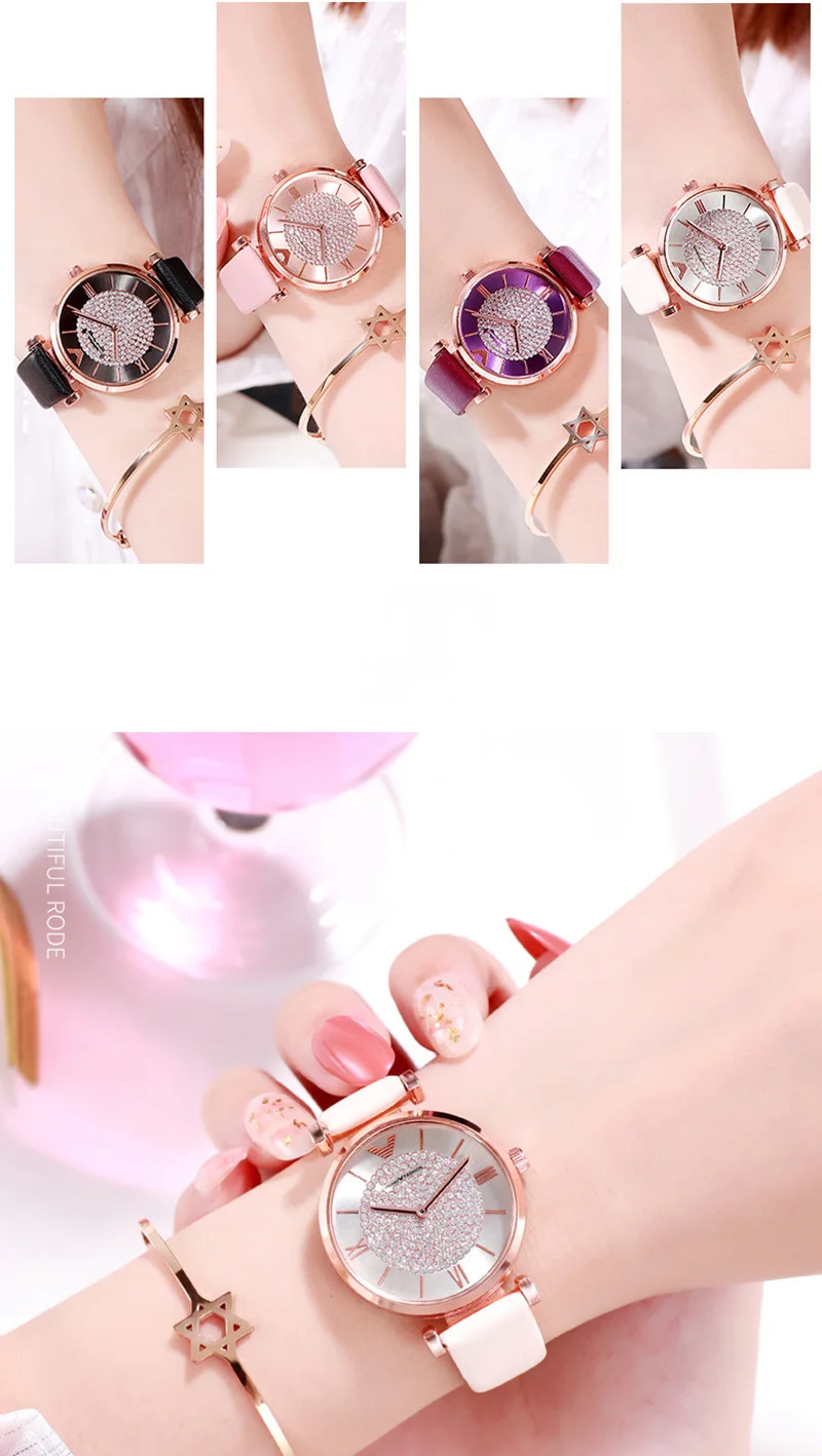 Лидирующий бренд роскошные женские часы модные бриллиантовые звездное небо женские кварцевые кожаные часы магнитная пряжка Геометрическая поверхность женские